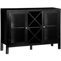 HOMCOM Buffet Meuble De Rangement 2 Portes Vitrées Avec étagère Réglable Et Porte-bouteilles Dim. 107I X 30l X 77H Cm MDF Noir - Noir