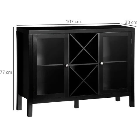 HOMCOM Buffet Meuble De Rangement 2 Portes Vitrées Avec étagère Réglable Et Porte-bouteilles Dim. 107I X 30l X 77H Cm MDF Noir - Noir 5 HOMCOM Buffet Meuble De Rangement 2 Portes Vitrées Avec étagère Réglable Et Porte-bouteilles Dim. 107I X 30l X 77H Cm MDF Noir - Noir – Image 3
