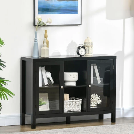 HOMCOM Buffet Meuble De Rangement 2 Portes Vitrées Avec étagère Réglable Et Porte-bouteilles Dim. 107I X 30l X 77H Cm MDF Noir - Noir 6 HOMCOM Buffet Meuble De Rangement 2 Portes Vitrées Avec étagère Réglable Et Porte-bouteilles Dim. 107I X 30l X 77H Cm MDF Noir - Noir – Image 4