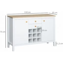 HOMCOM Buffet Meuble De Rangement Avec 2 Tiroirs, 2 Portes étagères Réglables Et Porte-bouteilles Pour 9 Bouteilles - Dim. 110I X 35P X 75H Cm - Blanc -France HOMCOM Soldes 2022 67360732 3