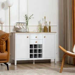HOMCOM Buffet Meuble De Rangement Avec 2 Tiroirs, 2 Portes étagères Réglables Et Porte-bouteilles Pour 9 Bouteilles - Dim. 110I X 35P X 75H Cm - Blanc -France HOMCOM Soldes 2022 67360732 4