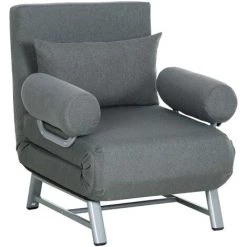 HOMCOM Fauteuil Chauffeuse Canapé-lit Convertible Inclinable 1 Place Grand Confort Coussin Lombaires Accoudoirs Piètement Métal Lin Gris Foncé
