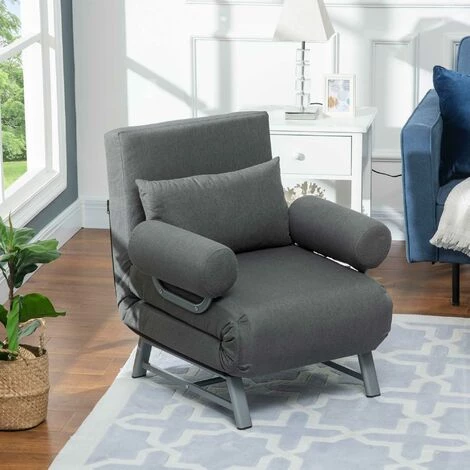 HOMCOM Fauteuil Chauffeuse Canapé-lit Convertible Inclinable 1 Place Grand Confort Coussin Lombaires Accoudoirs Piètement Métal Lin Gris Foncé 4 HOMCOM Fauteuil Chauffeuse Canapé-lit Convertible Inclinable 1 Place Grand Confort Coussin Lombaires Accoudoirs Piètement Métal Lin Gris Foncé – Image 2