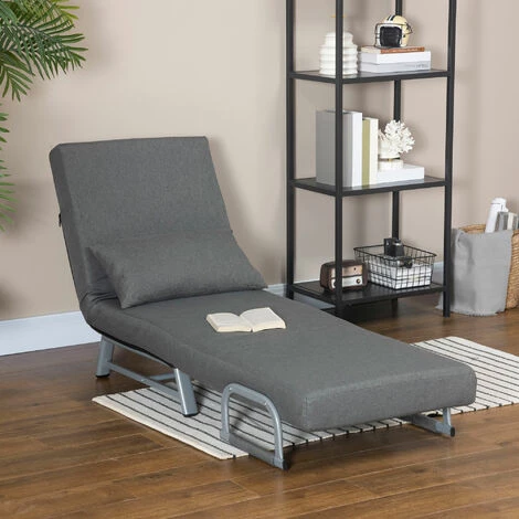 HOMCOM Fauteuil Chauffeuse Canapé-lit Convertible Inclinable 1 Place Grand Confort Coussin Lombaires Accoudoirs Piètement Métal Lin Gris Foncé 6 HOMCOM Fauteuil Chauffeuse Canapé-lit Convertible Inclinable 1 Place Grand Confort Coussin Lombaires Accoudoirs Piètement Métal Lin Gris Foncé – Image 4