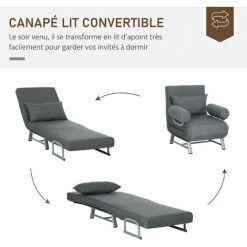 HOMCOM Fauteuil Chauffeuse Canapé-lit Convertible Inclinable 1 Place Grand Confort Coussin Lombaires Accoudoirs Piètement Métal Lin Gris Foncé 11 HOMCOM Fauteuil Chauffeuse Canapé-lit Convertible Inclinable 1 Place Grand Confort Coussin Lombaires Accoudoirs Piètement Métal Lin Gris Foncé -France HOMCOM Soldes 2022 67360733 5