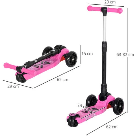 HOMCOM Trottinette Enfant Pliable - Trottinette 3 Roues Lumineuses LED - Hauteur Guidon Réglable - Frein à Friction Arrière - Acier PP Rose Noir - Rose 5 HOMCOM Trottinette Enfant Pliable - Trottinette 3 Roues Lumineuses LED - Hauteur Guidon Réglable - Frein à Friction Arrière - Acier PP Rose Noir - Rose – Image 3