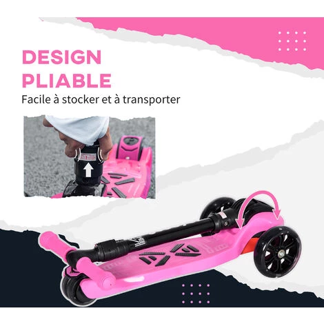 HOMCOM Trottinette Enfant Pliable - Trottinette 3 Roues Lumineuses LED - Hauteur Guidon Réglable - Frein à Friction Arrière - Acier PP Rose Noir - Rose 6 HOMCOM Trottinette Enfant Pliable - Trottinette 3 Roues Lumineuses LED - Hauteur Guidon Réglable - Frein à Friction Arrière - Acier PP Rose Noir - Rose – Image 4