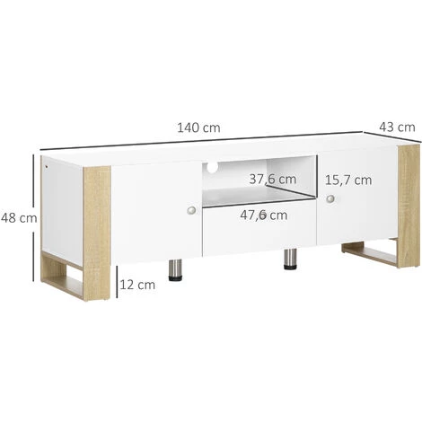 HOMCOM Meuble TV 2 Portes 1 Tiroir 1 Niche Avec Passe-câbles Dim 140L X 43l X 48H Cm Aspect Chêne Clair Blanc - Blanc 5 HOMCOM Meuble TV 2 Portes 1 Tiroir 1 Niche Avec Passe-câbles Dim 140L X 43l X 48H Cm Aspect Chêne Clair Blanc - Blanc – Image 3