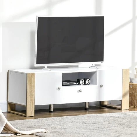 HOMCOM Meuble TV 2 Portes 1 Tiroir 1 Niche Avec Passe-câbles Dim 140L X 43l X 48H Cm Aspect Chêne Clair Blanc - Blanc 6 HOMCOM Meuble TV 2 Portes 1 Tiroir 1 Niche Avec Passe-câbles Dim 140L X 43l X 48H Cm Aspect Chêne Clair Blanc - Blanc – Image 4