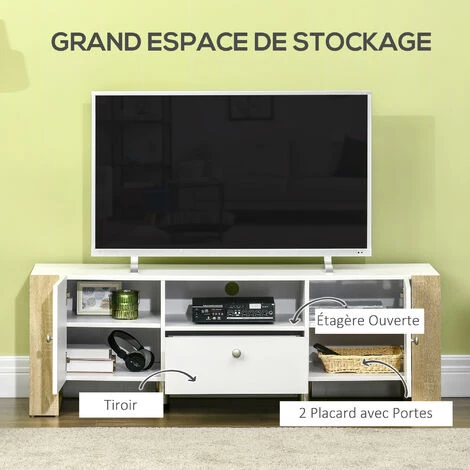 HOMCOM Meuble TV 2 Portes 1 Tiroir 1 Niche Avec Passe-câbles Dim 140L X 43l X 48H Cm Aspect Chêne Clair Blanc - Blanc 7 HOMCOM Meuble TV 2 Portes 1 Tiroir 1 Niche Avec Passe-câbles Dim 140L X 43l X 48H Cm Aspect Chêne Clair Blanc - Blanc – Image 5