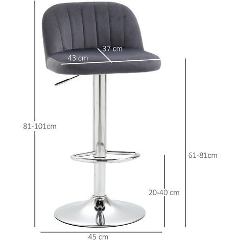 HOMCOM Lot De 2 Tabouret De Bar Design Contemporain Hauteur D'assise Réglable 59-81 Cm Et Pivotant - Revêtement Tissu Effet Velours - Pied Métal - Gris - Gris 5 HOMCOM Lot De 2 Tabouret De Bar Design Contemporain Hauteur D'assise Réglable 59-81 Cm Et Pivotant - Revêtement Tissu Effet Velours - Pied Métal - Gris - Gris – Image 3