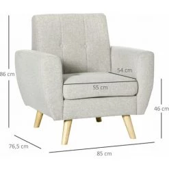 HOMCOM Fauteuil De Salon Design Scandinave Dossier Capitonné Piètement Bois D'hévéa Revêtement Aspect Lin Gris - Gris -France HOMCOM Soldes 2022 67371481 3