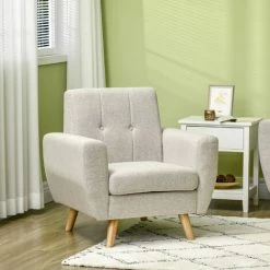 HOMCOM Fauteuil De Salon Design Scandinave Dossier Capitonné Piètement Bois D'hévéa Revêtement Aspect Lin Gris - Gris -France HOMCOM Soldes 2022 67371481 4