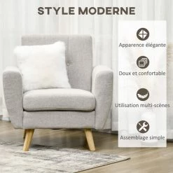 HOMCOM Fauteuil De Salon Design Scandinave Dossier Capitonné Piètement Bois D'hévéa Revêtement Aspect Lin Gris - Gris -France HOMCOM Soldes 2022 67371481 5