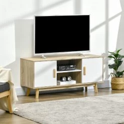HOMCOM Meuble TV Scandinave 2 Placards 2 Niches 2 Passe-fils Dim 120L X 40l X 55H Cm Aspect Chêne Clair Blanc - Beige -France HOMCOM Soldes 2022 67371484 2