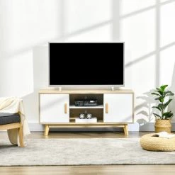 HOMCOM Meuble TV Scandinave 2 Placards 2 Niches 2 Passe-fils Dim 120L X 40l X 55H Cm Aspect Chêne Clair Blanc - Beige -France HOMCOM Soldes 2022 67371484 4