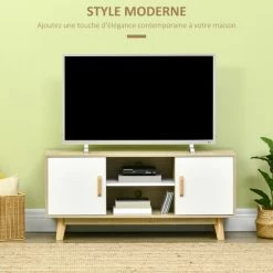 HOMCOM Meuble TV Scandinave 2 Placards 2 Niches 2 Passe-fils Dim 120L X 40l X 55H Cm Aspect Chêne Clair Blanc - Beige -France HOMCOM Soldes 2022 67371484 5