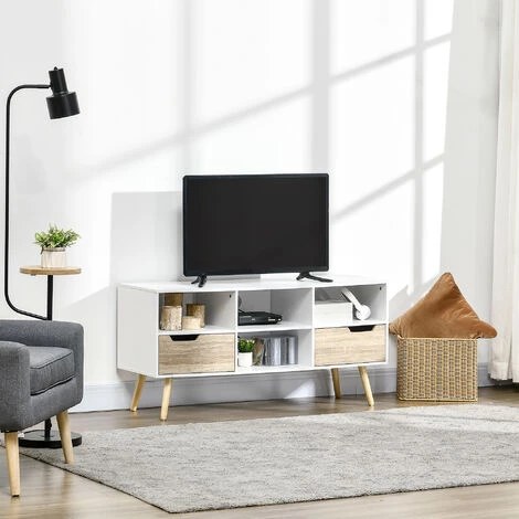 HOMCOM Meuble TV Design Moderne 2 Tiroirs 4 Niches Avec 2 Passe-câbles - I117 Cm - Panneaux De Particules Et Pin - Beige 4 HOMCOM Meuble TV Design Moderne 2 Tiroirs 4 Niches Avec 2 Passe-câbles - I117 Cm - Panneaux De Particules Et Pin - Beige – Image 2