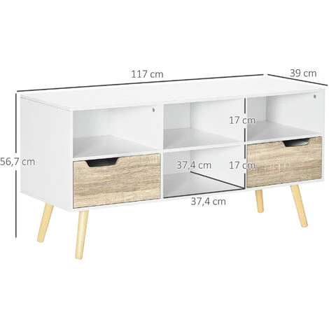 HOMCOM Meuble TV Design Moderne 2 Tiroirs 4 Niches Avec 2 Passe-câbles - I117 Cm - Panneaux De Particules Et Pin - Beige 5 HOMCOM Meuble TV Design Moderne 2 Tiroirs 4 Niches Avec 2 Passe-câbles - I117 Cm - Panneaux De Particules Et Pin - Beige – Image 3