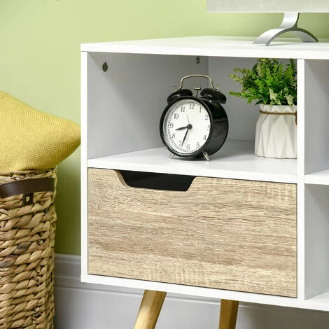 HOMCOM Meuble TV Design Moderne 2 Tiroirs 4 Niches Avec 2 Passe-câbles - I117 Cm - Panneaux De Particules Et Pin - Beige 6 HOMCOM Meuble TV Design Moderne 2 Tiroirs 4 Niches Avec 2 Passe-câbles - I117 Cm - Panneaux De Particules Et Pin - Beige – Image 4