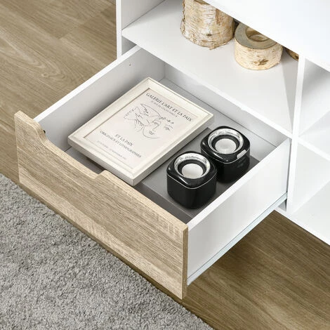 HOMCOM Meuble TV Design Moderne 2 Tiroirs 4 Niches Avec 2 Passe-câbles - I117 Cm - Panneaux De Particules Et Pin - Beige 7 HOMCOM Meuble TV Design Moderne 2 Tiroirs 4 Niches Avec 2 Passe-câbles - I117 Cm - Panneaux De Particules Et Pin - Beige – Image 5