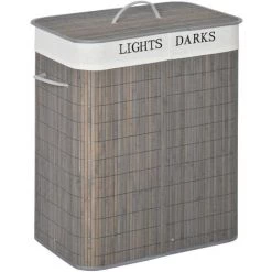 HOMCOM Panier à Linge Corbeille à Linge 2 Bacs Bambou Pliable Couvercle Poignée Sac Amovible En Toile Gris - Gris