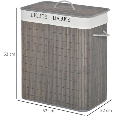 HOMCOM Panier à Linge Corbeille à Linge 2 Bacs Bambou Pliable Couvercle Poignée Sac Amovible En Toile Gris - Gris 5 HOMCOM Panier à Linge Corbeille à Linge 2 Bacs Bambou Pliable Couvercle Poignée Sac Amovible En Toile Gris - Gris – Image 3