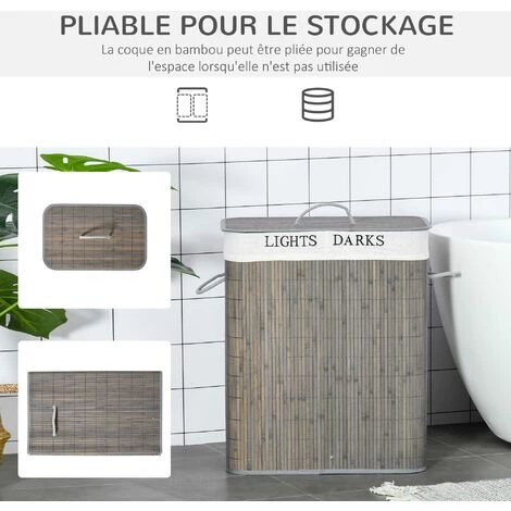 HOMCOM Panier à Linge Corbeille à Linge 2 Bacs Bambou Pliable Couvercle Poignée Sac Amovible En Toile Gris - Gris 7 HOMCOM Panier à Linge Corbeille à Linge 2 Bacs Bambou Pliable Couvercle Poignée Sac Amovible En Toile Gris - Gris – Image 5