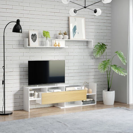 HOMCOM Ensemble Meuble TV Avec étagère Murale Style Contemporain Aspect Chêne Clair Blanc - Blanc 4 HOMCOM Ensemble Meuble TV Avec étagère Murale Style Contemporain Aspect Chêne Clair Blanc - Blanc – Image 2