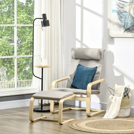 HOMCOM Fauteuil Relax Avec Repose-pieds Et Coussin Appui-tête - Bois Et Tissu Effet Lin - Dim. 67I X 69P X 100H Cm - Gris - Gris 4 HOMCOM Fauteuil Relax Avec Repose-pieds Et Coussin Appui-tête - Bois Et Tissu Effet Lin - Dim. 67I X 69P X 100H Cm - Gris - Gris – Image 2