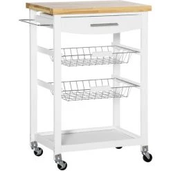 HOMCOM Desserte Chariot De Cuisine Sur Roulettes Avec Plan De Travail, 2 Paniers Coulissants, 1 Porte-torchons - Blanc - Blanc