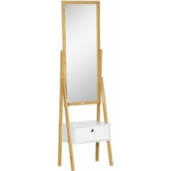 HOMCOM Miroir Sur Pied Avec Rangement Tiroir En Bambou Et MDF - Dim. 45L X 30l X 160H Cm - Blanc Et Naturel - Marron