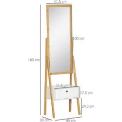 HOMCOM Miroir Sur Pied Avec Rangement Tiroir En Bambou Et MDF - Dim. 45L X 30l X 160H Cm - Blanc Et Naturel - Marron -France HOMCOM Soldes 2022 67535279 3
