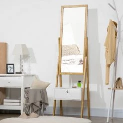 HOMCOM Miroir Sur Pied Avec Rangement Tiroir En Bambou Et MDF - Dim. 45L X 30l X 160H Cm - Blanc Et Naturel - Marron -France HOMCOM Soldes 2022 67535279 4