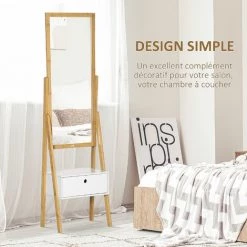 HOMCOM Miroir Sur Pied Avec Rangement Tiroir En Bambou Et MDF - Dim. 45L X 30l X 160H Cm - Blanc Et Naturel - Marron -France HOMCOM Soldes 2022 67535279 5