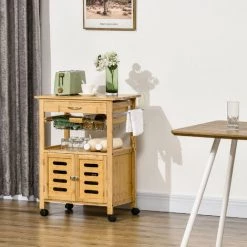 HOMCOM Desserte Cuisine Sur Roulettes Chariot De Service Meuble De Rangement Avec Un Tiroir, Un Panier Coulissant, Un Porte-torchon Et Armoire En Bambou - Marron -France HOMCOM Soldes 2022 67535282 4