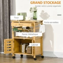 HOMCOM Desserte Cuisine Sur Roulettes Chariot De Service Meuble De Rangement Avec Un Tiroir, Un Panier Coulissant, Un Porte-torchon Et Armoire En Bambou - Marron -France HOMCOM Soldes 2022 67535282 5