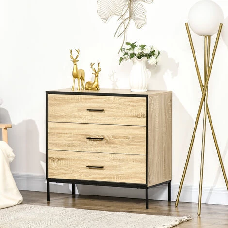HOMCOM Commode Meuble De Rangement Style Industriel - 3 Tiroirs - Dim. 80L X 40l X 78,8H Cm - Acier Noir MDF Aspect Chêne Clair - Beige 4 HOMCOM Commode Meuble De Rangement Style Industriel - 3 Tiroirs - Dim. 80L X 40l X 78,8H Cm - Acier Noir MDF Aspect Chêne Clair - Beige – Image 2