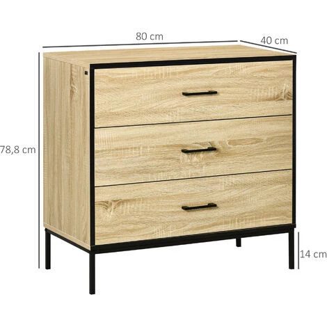 HOMCOM Commode Meuble De Rangement Style Industriel - 3 Tiroirs - Dim. 80L X 40l X 78,8H Cm - Acier Noir MDF Aspect Chêne Clair - Beige 5 HOMCOM Commode Meuble De Rangement Style Industriel - 3 Tiroirs - Dim. 80L X 40l X 78,8H Cm - Acier Noir MDF Aspect Chêne Clair - Beige – Image 3