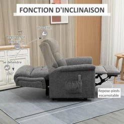 HOMCOM Fauteuil Releveur électrique Inclinable - Repose-pied Ajustable - Télécommande - Fauteuil De Relaxation - Tissu Polyester Aspect Lin Gris Chiné - Gris -France HOMCOM Soldes 2022 67697372 5
