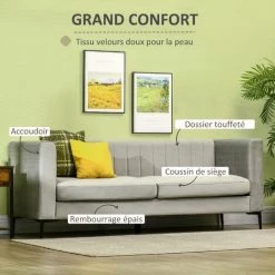 HOMCOM Canapé 3 Places Design Contemporain Piètement Acier Noir Revêtement Velours Gris Clair - Gris -France HOMCOM Soldes 2022 67697374 4