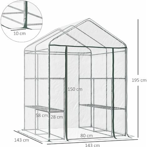 HOMCOM Serre De Jardin Balcon Terrasse 4 étagères 143L X 143l X 195H Cm Acier PVC Imperméable Anti-UV Transparent Vert 5 HOMCOM Serre De Jardin Balcon Terrasse 4 étagères 143L X 143l X 195H Cm Acier PVC Imperméable Anti-UV Transparent Vert – Image 3
