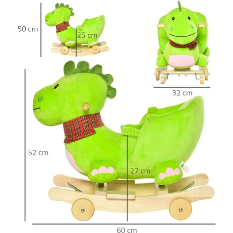 HOMCOM Cheval à Bascule Jouet à Bascule Dinosaure Et Porteur Sur Roulettes 2 En 1 Fonction Musicale 32 Pistes Ceinture Sécurité Vert - Vert 5 HOMCOM Cheval à Bascule Jouet à Bascule Dinosaure Et Porteur Sur Roulettes 2 En 1 Fonction Musicale 32 Pistes Ceinture Sécurité Vert - Vert – Image 3
