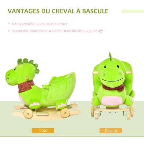 HOMCOM Cheval à Bascule Jouet à Bascule Dinosaure Et Porteur Sur Roulettes 2 En 1 Fonction Musicale 32 Pistes Ceinture Sécurité Vert - Vert 7 HOMCOM Cheval à Bascule Jouet à Bascule Dinosaure Et Porteur Sur Roulettes 2 En 1 Fonction Musicale 32 Pistes Ceinture Sécurité Vert - Vert – Image 5