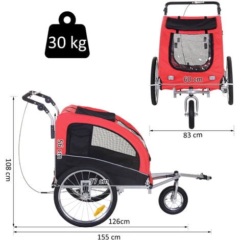 HOMCOM Remorque Vélo Jogger 2 En 1 Pour Animaux Drapeau Roue Avant Pivotante Réflecteurs Et Barre D'attelage Inclus Rouge Noir 5 HOMCOM Remorque Vélo Jogger 2 En 1 Pour Animaux Drapeau Roue Avant Pivotante Réflecteurs Et Barre D'attelage Inclus Rouge Noir – Image 3