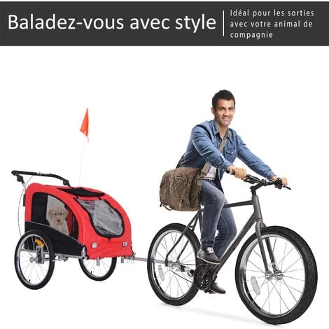 HOMCOM Remorque Vélo Jogger 2 En 1 Pour Animaux Drapeau Roue Avant Pivotante Réflecteurs Et Barre D'attelage Inclus Rouge Noir 7 HOMCOM Remorque Vélo Jogger 2 En 1 Pour Animaux Drapeau Roue Avant Pivotante Réflecteurs Et Barre D'attelage Inclus Rouge Noir – Image 5