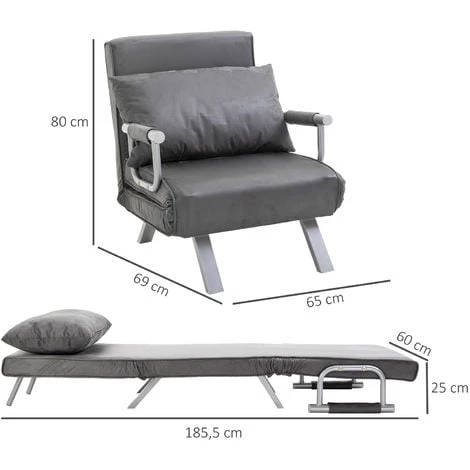 HOMCOM Fauteuil Chauffeuse Canapé-lit Convertible 1 Place Déhoussable Grand Confort Coussin Pieds Accoudoirs Métal Suède Gris 5 HOMCOM Fauteuil Chauffeuse Canapé-lit Convertible 1 Place Déhoussable Grand Confort Coussin Pieds Accoudoirs Métal Suède Gris – Image 3