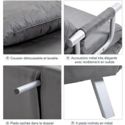 HOMCOM Fauteuil Chauffeuse Canapé-lit Convertible 1 Place Déhoussable Grand Confort Coussin Pieds Accoudoirs Métal Suède Gris 11 HOMCOM Fauteuil Chauffeuse Canapé-lit Convertible 1 Place Déhoussable Grand Confort Coussin Pieds Accoudoirs Métal Suède Gris -France HOMCOM Soldes 2022 6812136 5