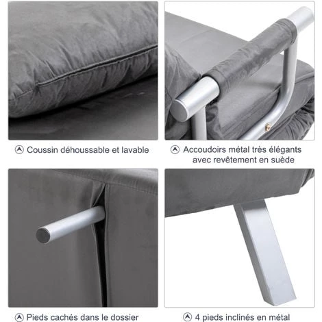 HOMCOM Fauteuil Chauffeuse Canapé-lit Convertible 1 Place Déhoussable Grand Confort Coussin Pieds Accoudoirs Métal Suède Gris 7 HOMCOM Fauteuil Chauffeuse Canapé-lit Convertible 1 Place Déhoussable Grand Confort Coussin Pieds Accoudoirs Métal Suède Gris – Image 5