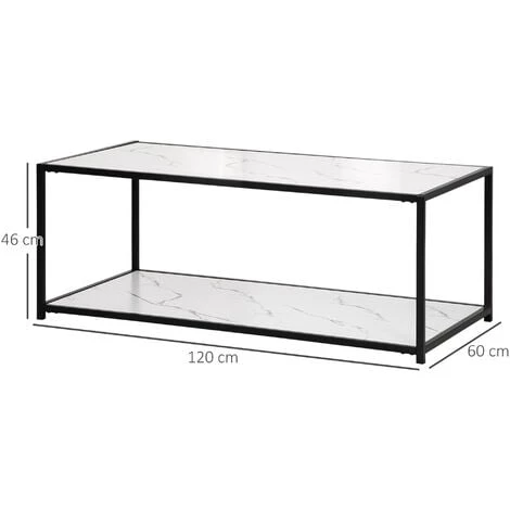 HOMCOM Table Basse Rectangulaire Aspect Marbre Blanc Avec étagère - Dim. 120L X 60l X 46H Cm - MDF Blanc Acier Noir - Noir 5 HOMCOM Table Basse Rectangulaire Aspect Marbre Blanc Avec étagère - Dim. 120L X 60l X 46H Cm - MDF Blanc Acier Noir - Noir – Image 3